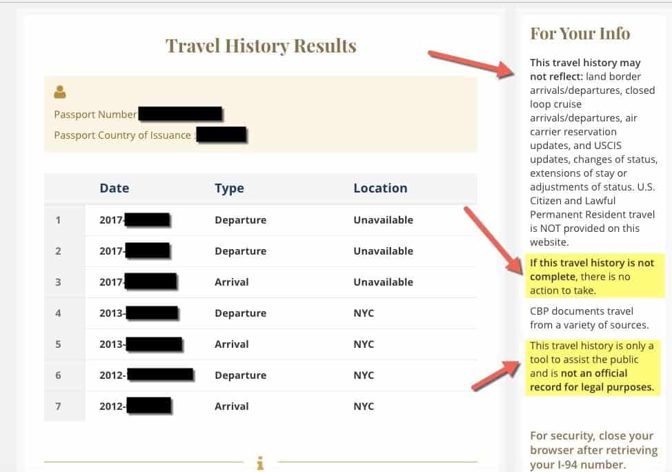 Arrival departure dates. Travel History.