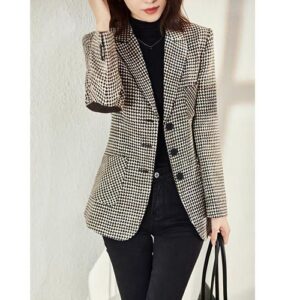2023 Spring Small Suit Jacket Women’s Mid-Length Slim-Fit Slimming Temperament Plaid Suit All-Matching Top