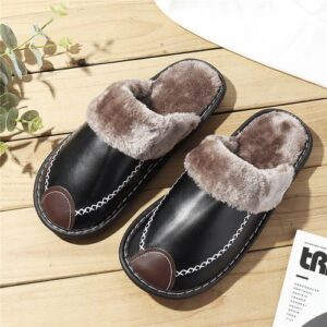 Men Spring Winter Home Slippers Leather Indoor Close Toe Warm House Flats Shoes Comfy（ + Best Discount） Black