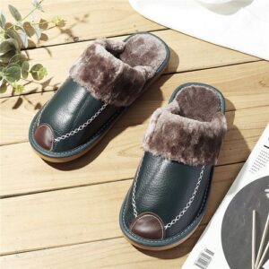 Men Spring Winter Home Slippers Leather Indoor Close Toe Warm House Flats Shoes Comfy（ + Best Discount） Navy Blue