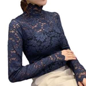 (Royal Blue B)Women’s Lace Pullover Top Half High Collar Autumn Winter Crochet Hollow Floral Stretch Bottoming Long Sleeves Base Blouses Shirt CHA