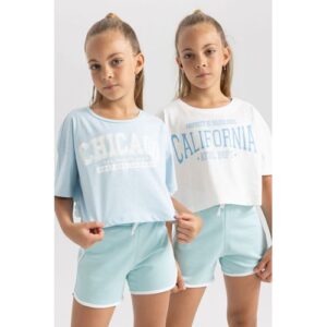 2 Piece Girl Casual Crop-Standart Fit Knitted Short Sleeve Body – Blue