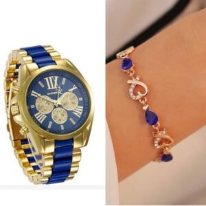 2 In 1 Rhinestone Women Watch With Bracelet- Blue/Gold