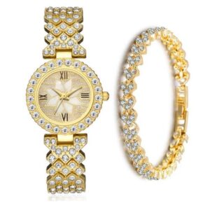 2 In 1 Exotic Women Rhinestone Wrist Watch With Bracelet-Gold