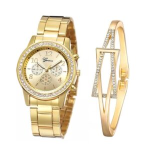 2 In 1 Full Steel Rhinestone Women Wrist Watch With Bracelet-Gold
