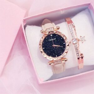 2 In1 Watch Fashion Rhinestone Wrist Watch For Ladies+ Bracelet Watch-Beige