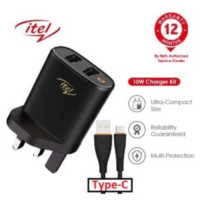 2 USB Port, 2A Faster Charger With Free Type-C Cable – Black