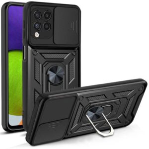 For Samsung Galaxy A22 4G Case,Rugged Armor Protection Case With Slide Camera Cover & Ring Stand